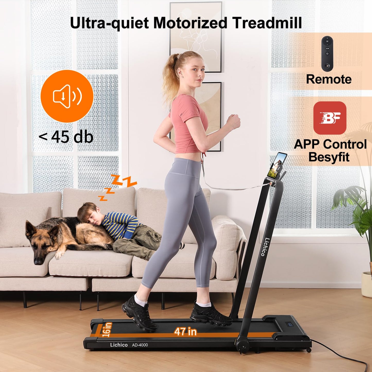 Lichico Walking Pad Under Desk Treadmill，Portable Small Treadmills for Home and Office，Super Quiet Brushless Motorized Walking Jogging Running Machine with Remote Control