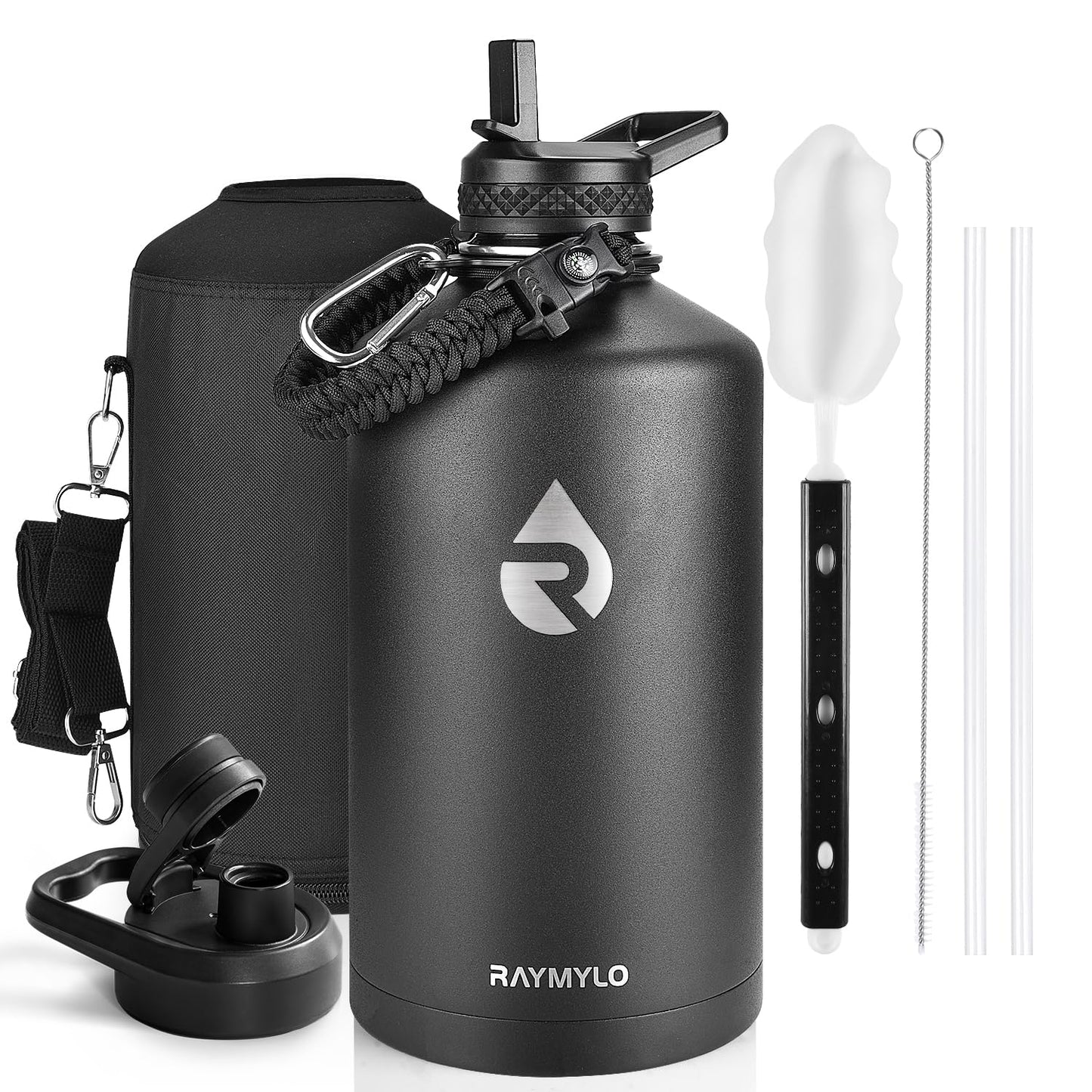 Insulated Water Bottle 64 oz, Triple Wall Vacuum Stainless Steel (Cold for 48 Hrs), Leak Proof & Non-BPA, Half Gallon Water Flask Jug with Paracord Handle & Straw Spout Lids, Magic Black