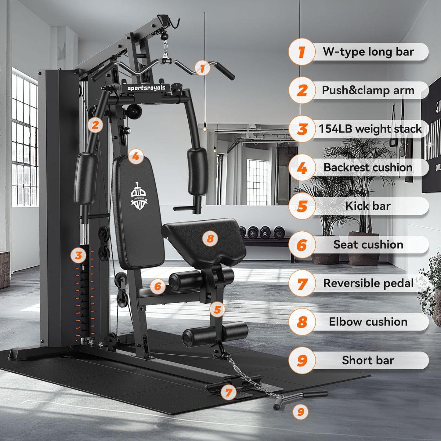 Sportsroyals Home Gym, Multifunctional Home Gym Equipment, Workout Station with 154LBS Weight Stack, Exercise Equipment for Full Body Traning with Pulley System