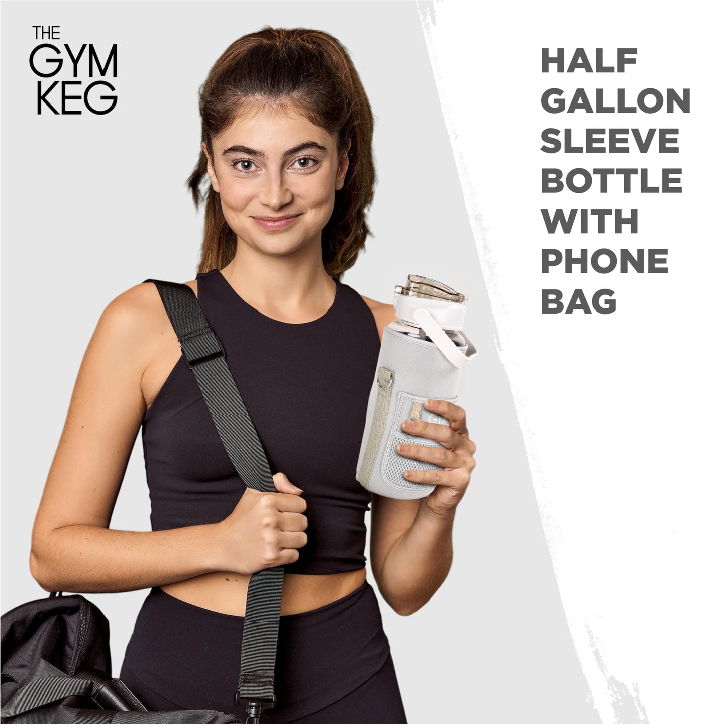 THE GYM KEG Water Bottle with Carrying Strap - 74 oz Bottle Jug with Sleeve & Phone Holder - BPA-free - Food-Grade - Sweat & Leak Proof - Reusable Water Jug for Workouts, Jogging, Travel, Gym - Black