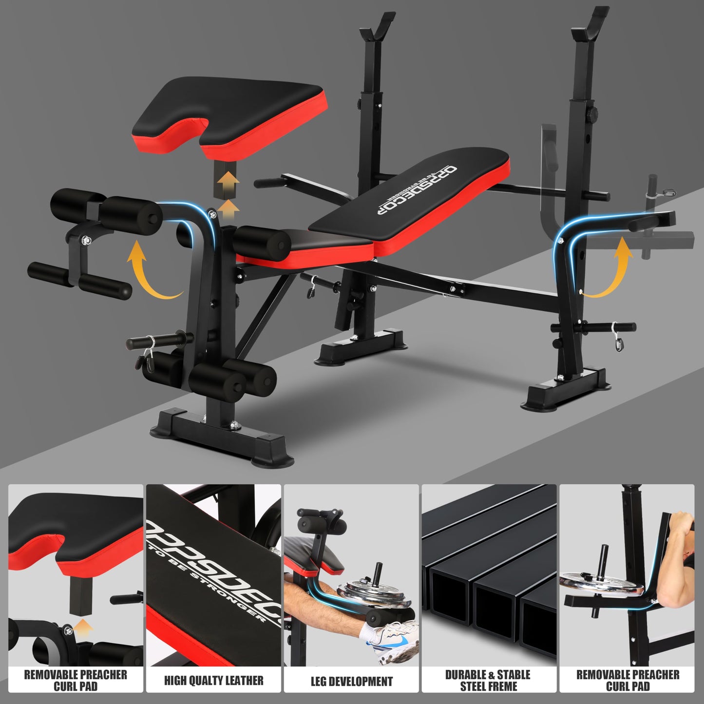 OPPSDECOR 660lbs 6 in 1 Weight Bench Set with Squat Rack Adjustable Workout Bench with Leg Developer Preacher Curl Rack Fitness Strength Training for Home Gym