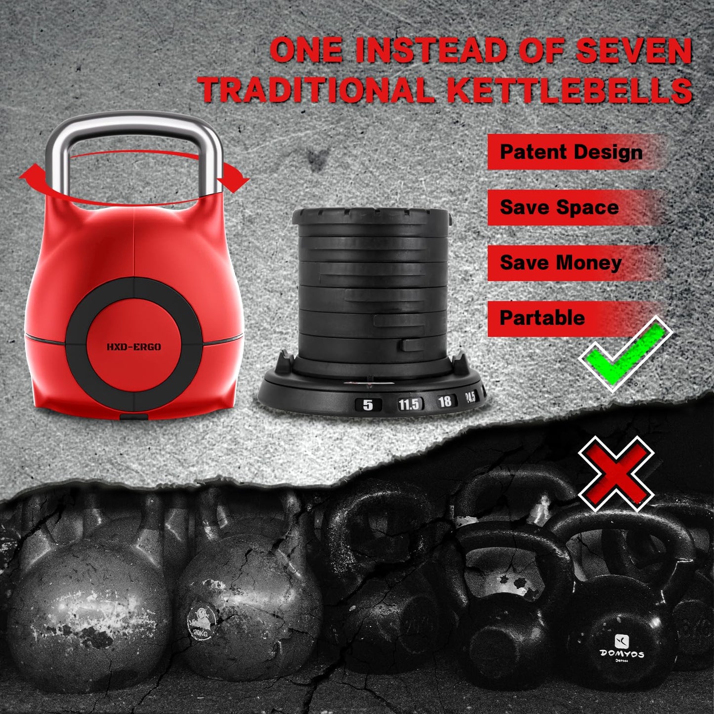 Adjustable Kettlebell Weight Set-Quickly Adjusts 7 Weights(5lb-44lb), Ergonomic kettlebell sets for Home Gym