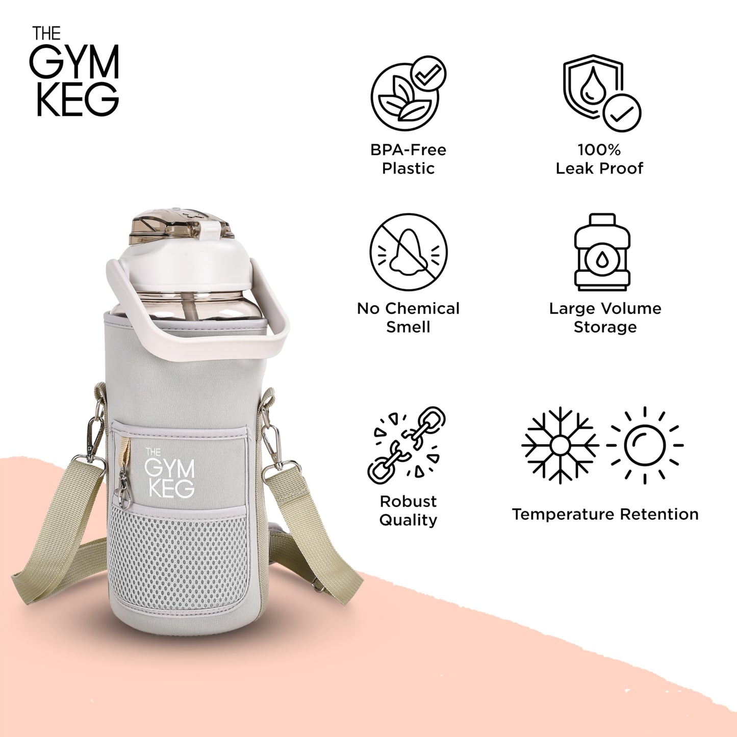 THE GYM KEG Water Bottle with Carrying Strap - 74 oz Bottle Jug with Sleeve & Phone Holder - BPA-free - Food-Grade - Sweat & Leak Proof - Reusable Water Jug for Workouts, Jogging, Travel, Gym - Black