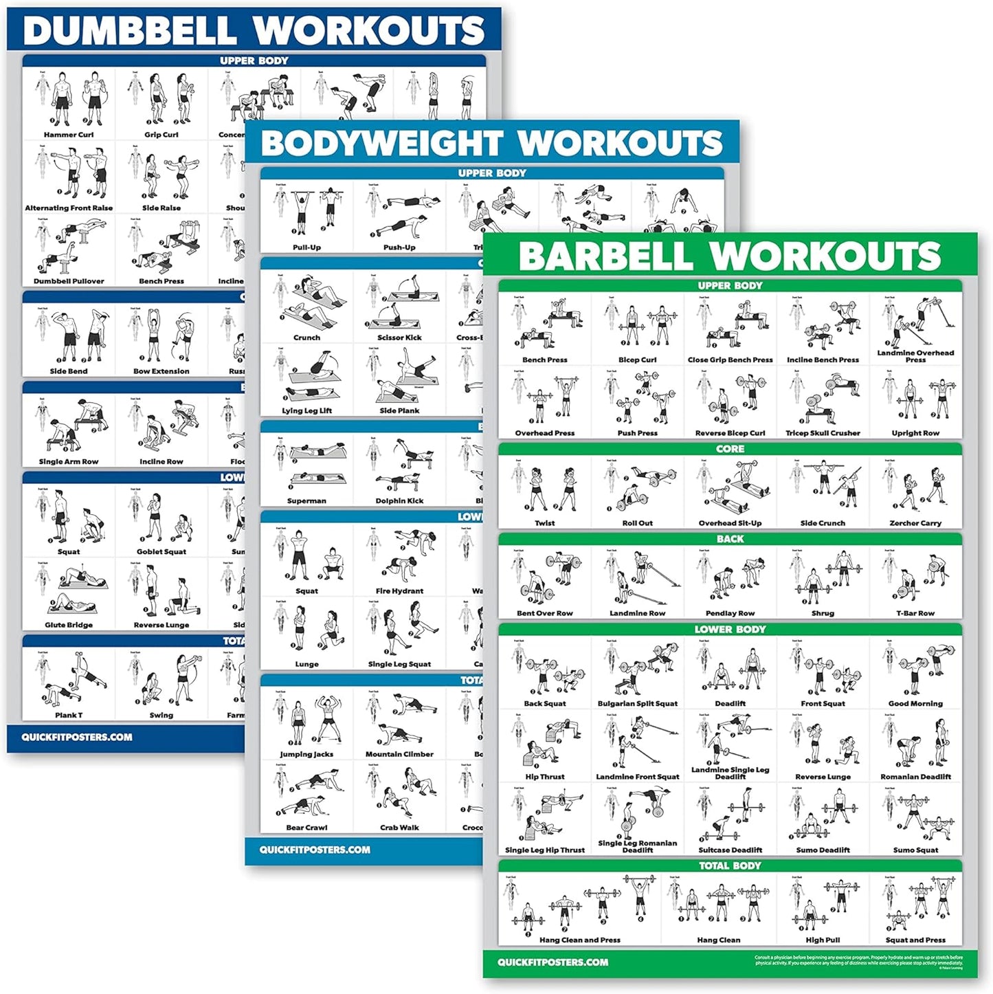 Palace Learning QuickFit 3 Pack - Dumbbell Workouts + Bodyweight Exercises + Barbell Routine Poster Set - Set of 3 Workout Charts (Laminated, 18" x 24")