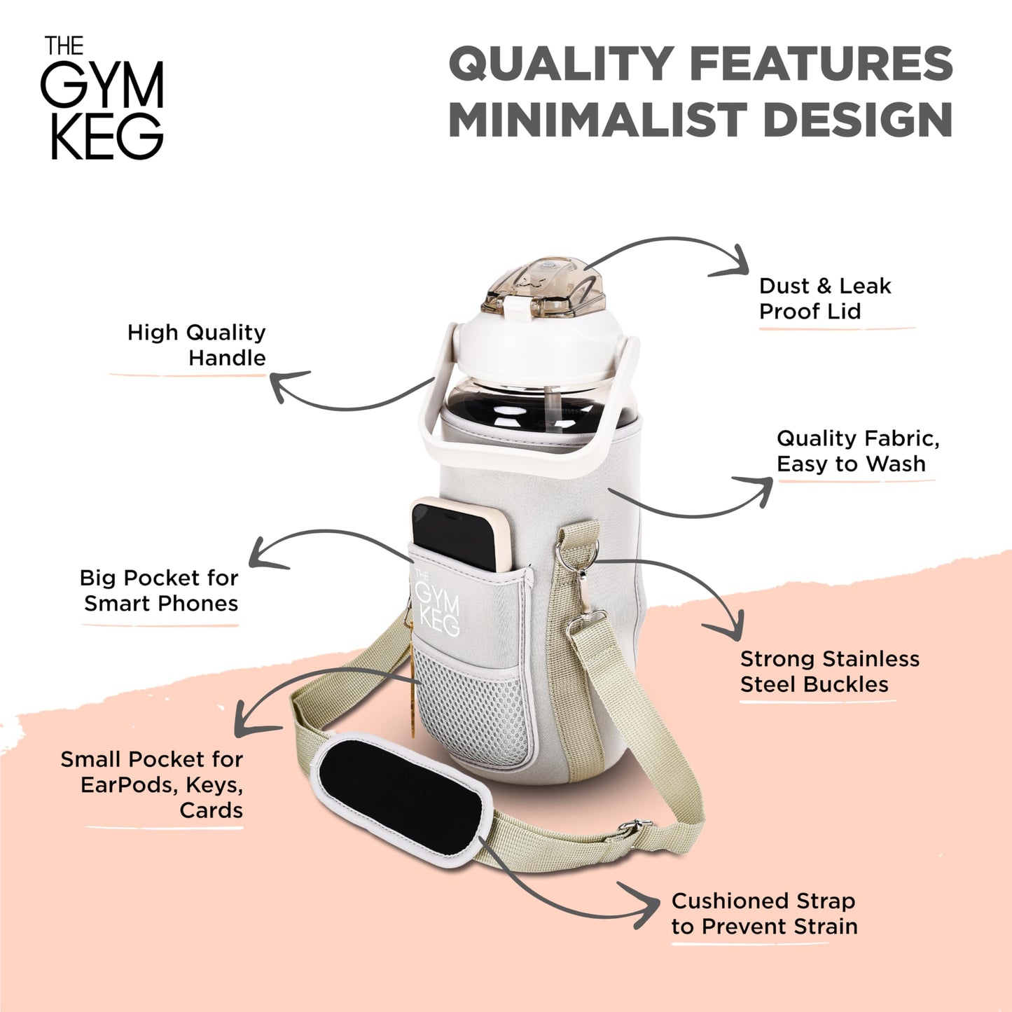 THE GYM KEG Water Bottle with Carrying Strap - 74 oz Bottle Jug with Sleeve & Phone Holder - BPA-free - Food-Grade - Sweat & Leak Proof - Reusable Water Jug for Workouts, Jogging, Travel, Gym - Black