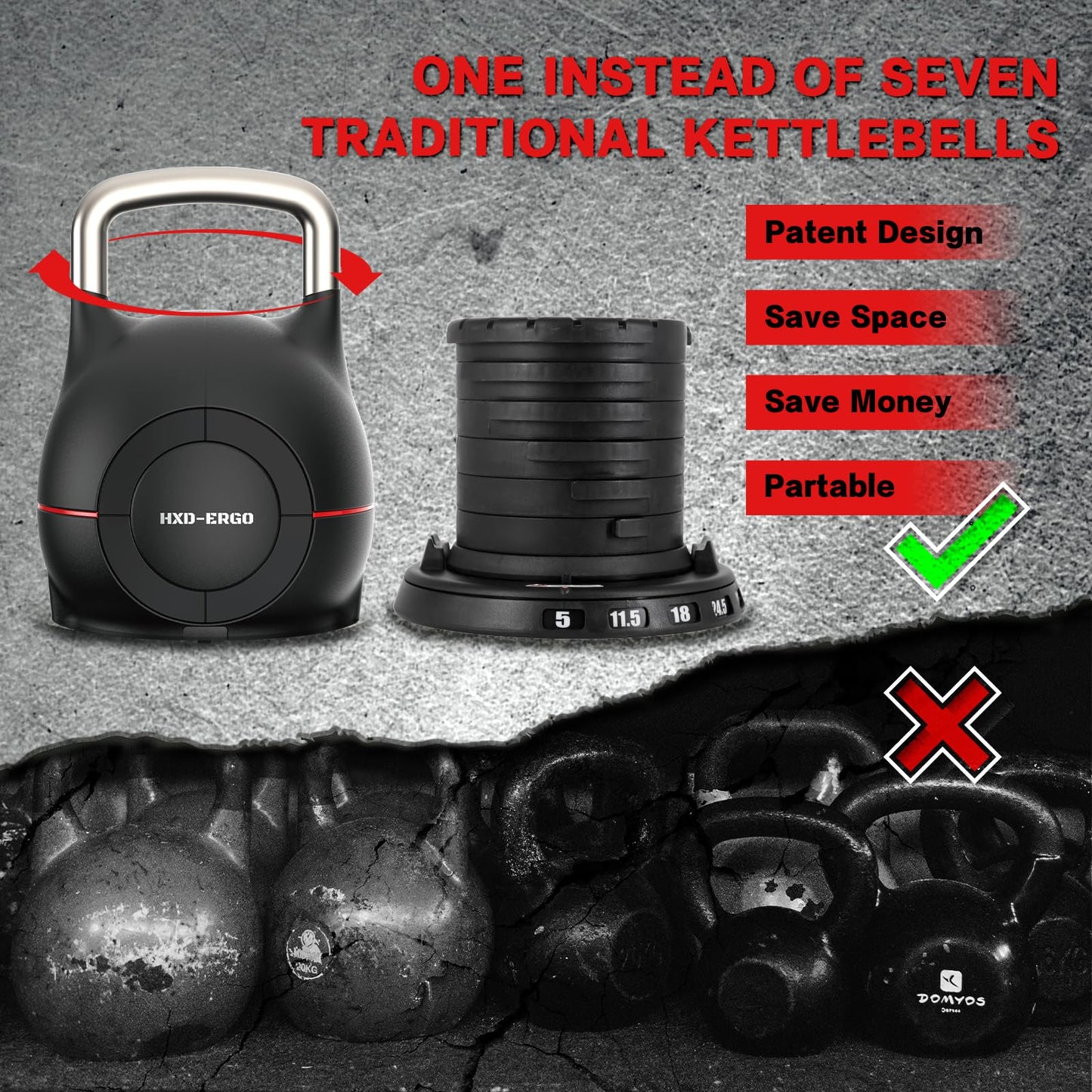 Adjustable Kettlebell Weight Set-Quickly Adjusts 7 Weights(5lb-44lb), Ergonomic kettlebell sets for Home Gym