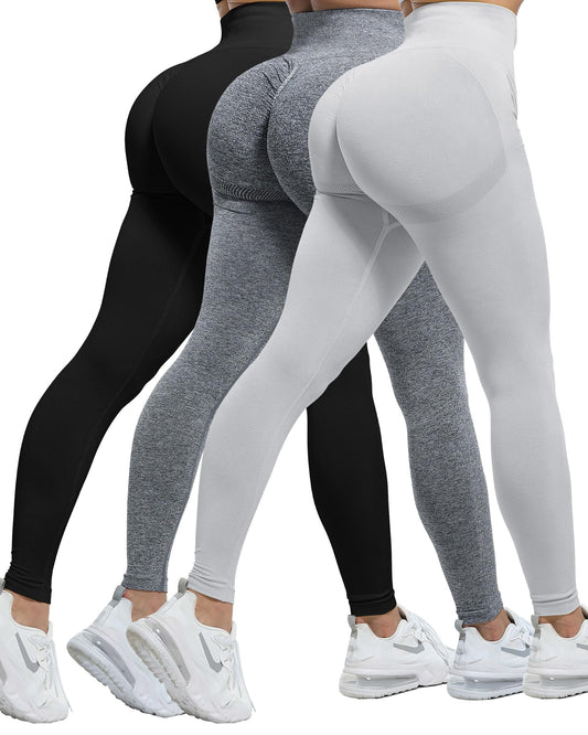 CHRLEISURE 3 Piece Workout Leggings Sets for Women, Gym Scrunch Butt Butt Lifting Seamless Leggings