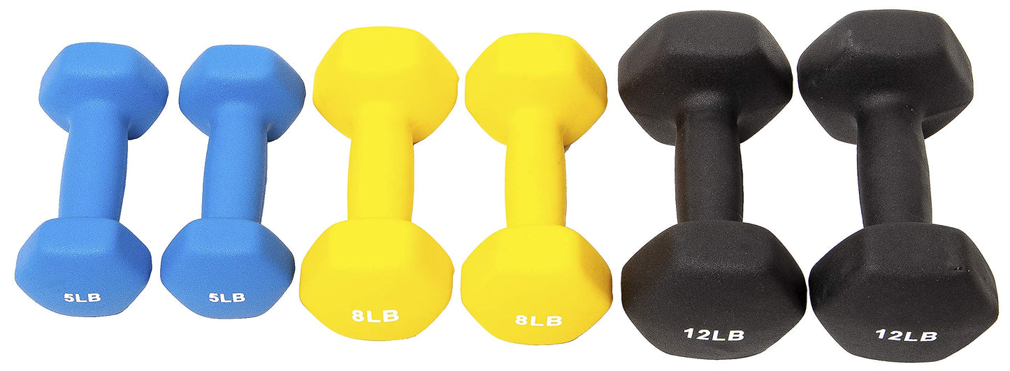 Neoprene Dumbbell Hand Weights, Anti-Slip, Anti-roll, Hex Shape Colorful, Pair or Set with Stand