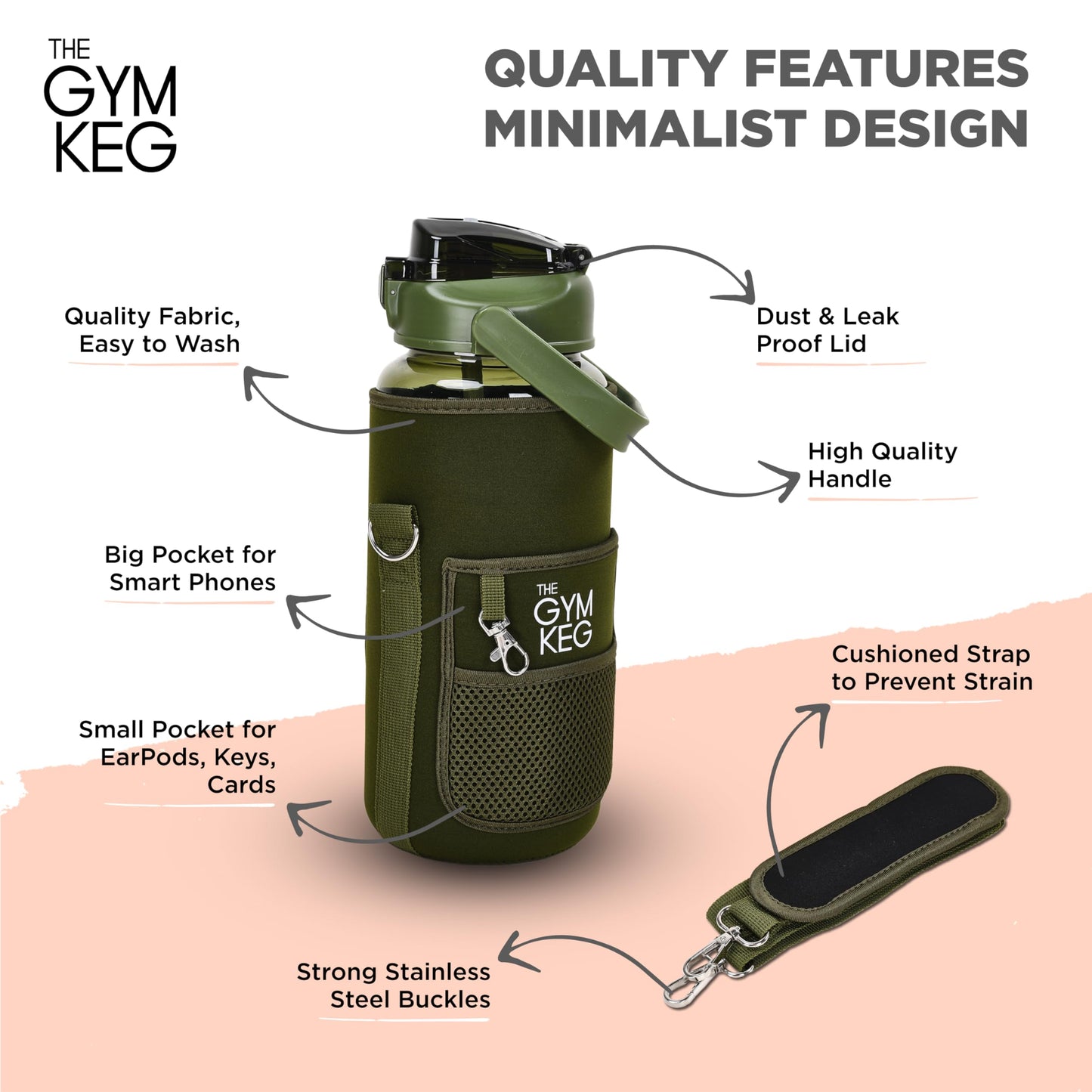 THE GYM KEG Water Bottle with Carrying Strap - 74 oz Bottle Jug with Sleeve & Phone Holder - BPA-free - Food-Grade - Sweat & Leak Proof - Reusable Water Jug for Workouts, Jogging, Travel, Gym - Black