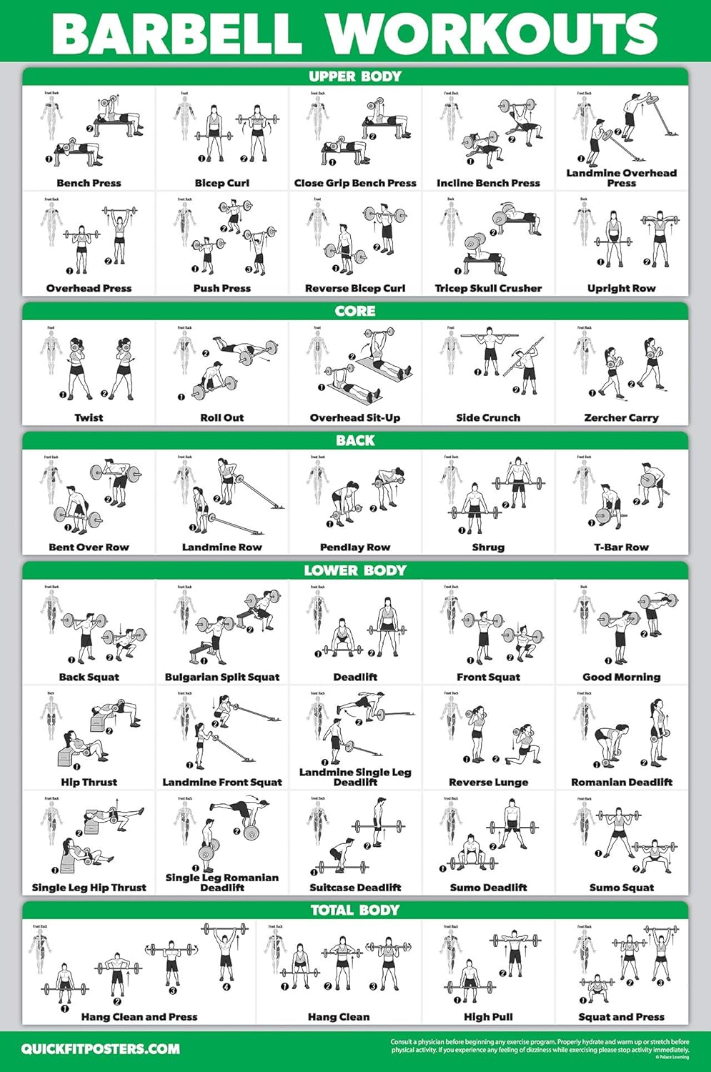 Palace Learning QuickFit 3 Pack - Dumbbell Workouts + Bodyweight Exercises + Barbell Routine Poster Set - Set of 3 Workout Charts (Laminated, 18" x 24")