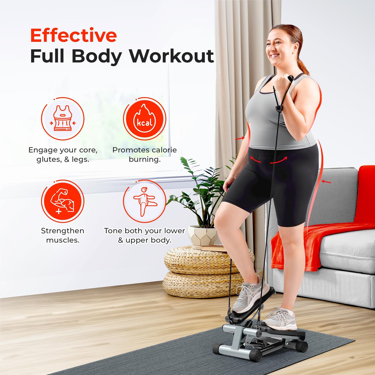 Sunny Health & Fitness Mini Steppers for Exercise at Home, Stair Step Workout Machine with Optional Resistance Bands, Full Body Cardio Equipment, Optional Free SunnyFit App Connection Smart Stepper