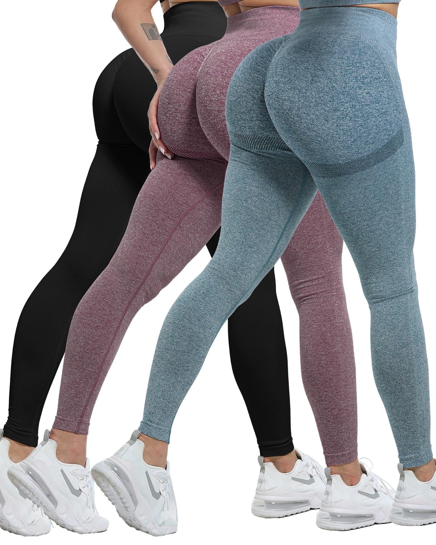 CHRLEISURE 3 Piece Workout Leggings Sets for Women, Gym Scrunch Butt Butt Lifting Seamless Leggings